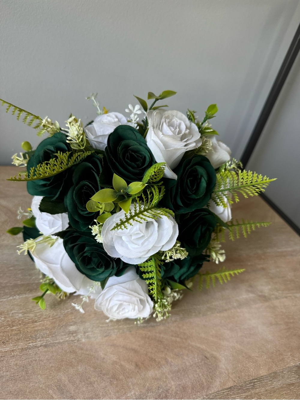 White & Dark Green Faux Rose Bouquet - Elegant Floral Accent